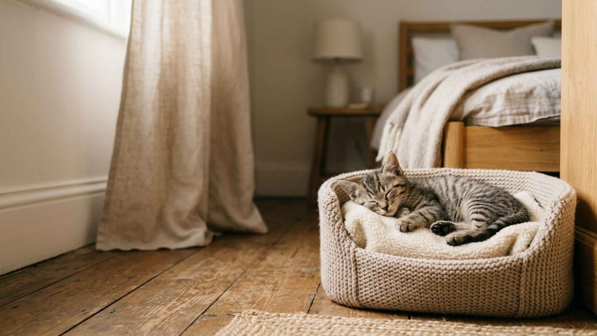 Gato durmiendo en una cama en la habitación